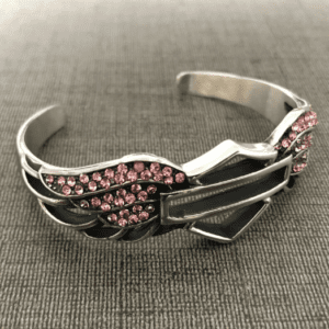 Adjustable Harley Elegance: Silver Bracelet with Pink Jewel Accent