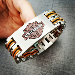 Harley Bracelet Stainless Steel Bike Chain Logo ID in Orange and Black