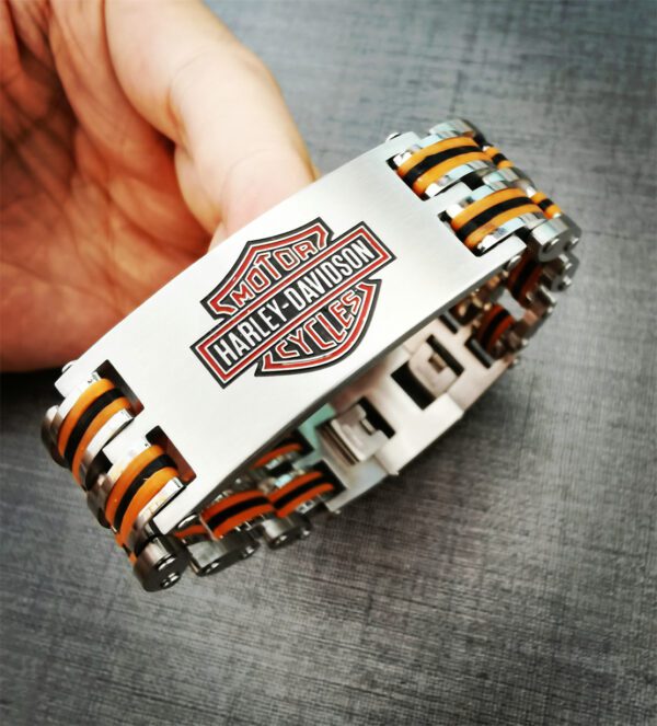 Harley Bracelet Stainless Steel Bike Chain Logo ID in Orange and Black