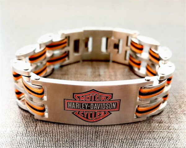 Harley Bracelet Stainless Steel Bike Chain Logo ID in Orange and Black - Image 2
